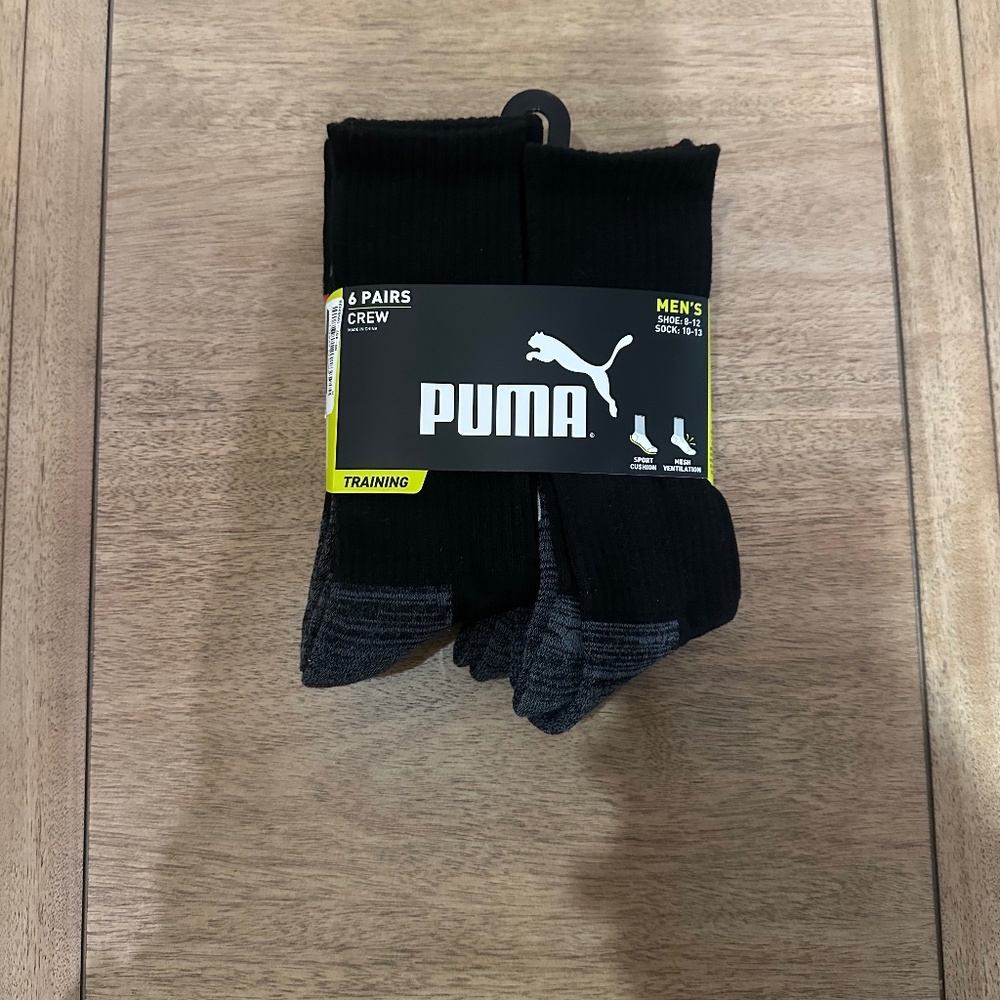 Puma men’s crew socks 6 pack size black gray cushioned
